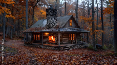 a cozy log cabin nestled in an autumn forest, warm lights, crackling fire in the fireplace, surrounded by fallen leaves