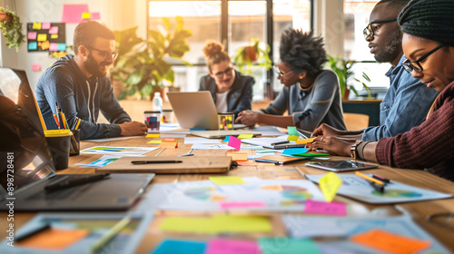 Business team brainstorming digital marketing ideas in a bright office space, with sticky notes and laptops on the table 