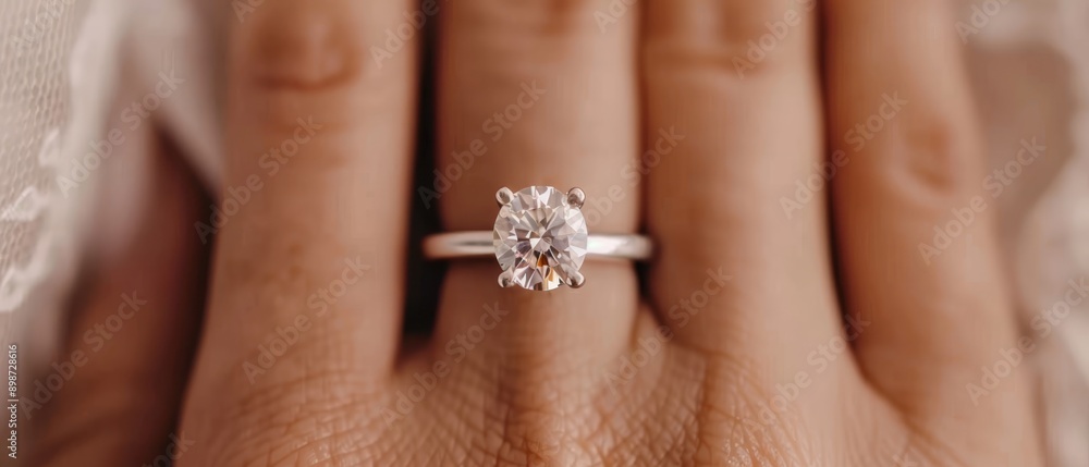 A tight shot of a hand adorned with a ring featuring a diamond at its center A tight shot of a hand adorned with a ring featuring a diamond at its center