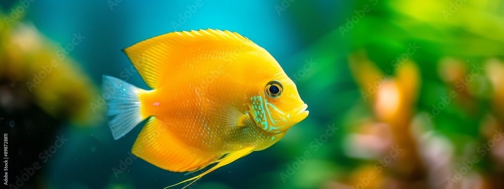 A tight shot of a golden fish swimming in an aquarium, surrounded by other fish and lush plants in the background A tight shot of a golden fish swimming in an aquarium, surrounded by other fish and lush plants in the background
