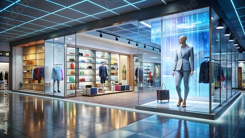 Modern Fashion Store Interior with Mannequin and Blue Lighting.