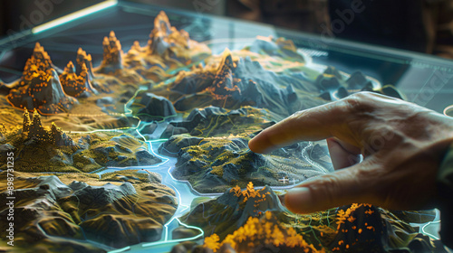 A holographic map technology displaying detailed terrain and landmarks, with a person exploring the map without using VR glasses 