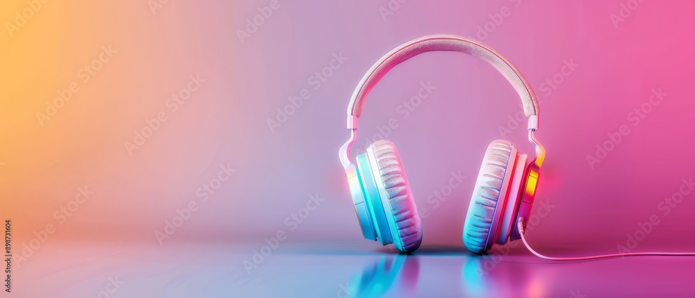 A pair of headphones atop a pink-blue surface, against a backdrop of pink and yellow light A pair of headphones atop a pink-blue surface, against a backdrop of pink and yellow light