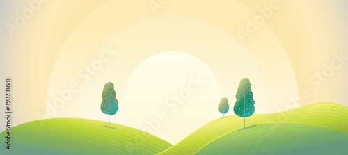 Morning landscape with hills, and several trees. Sunrise, morning. Vector illustration.
