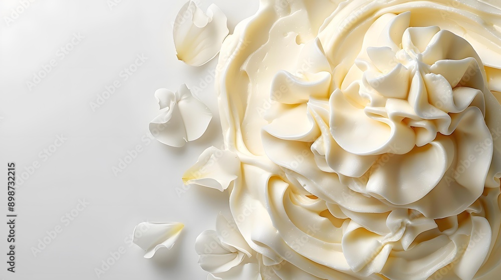 White cream texture with flower petals on a white background White cream texture with flower petals on a white background