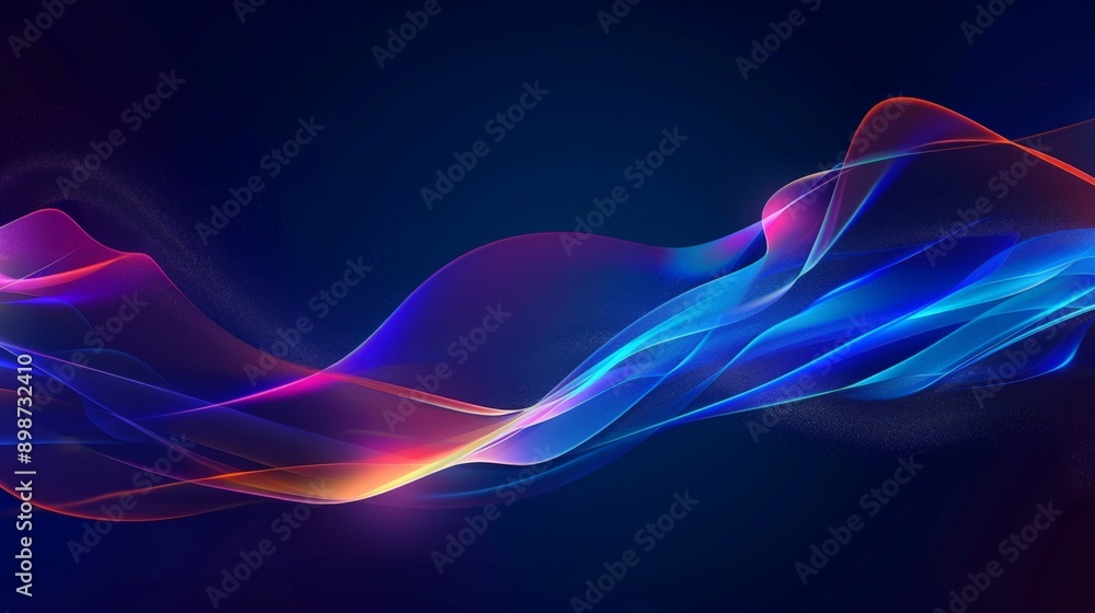 Colorful abstract wave flowing in digital space with particles on blue background Colorful abstract wave flowing in digital space with particles on blue background