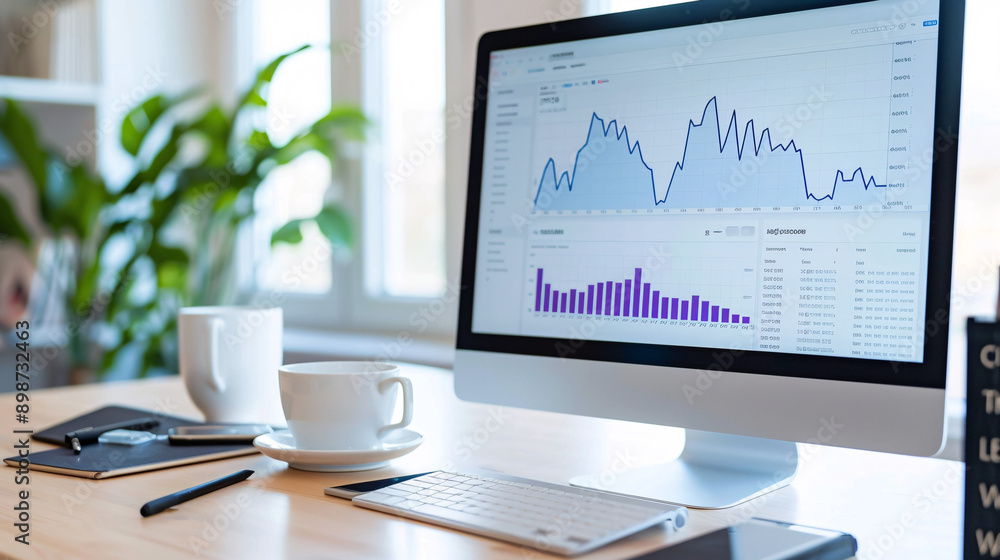 A detailed view of a home office setup with a computer screen showing various investment charts and a cup of coffee A detailed view of a home office setup with a computer screen showing various investment charts and a cup of coffee