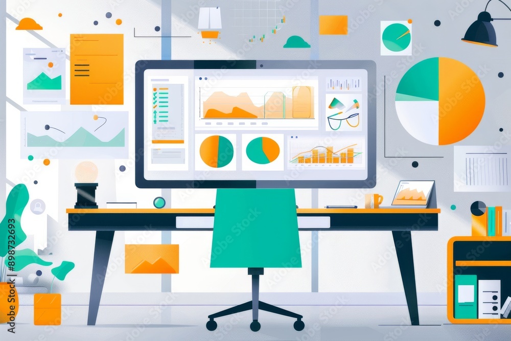 Modern data driven office setup with charts and graphs emphasizing analytics productivity and technological advancement Modern data driven office setup with charts and graphs emphasizing analytics productivity and technological advancement