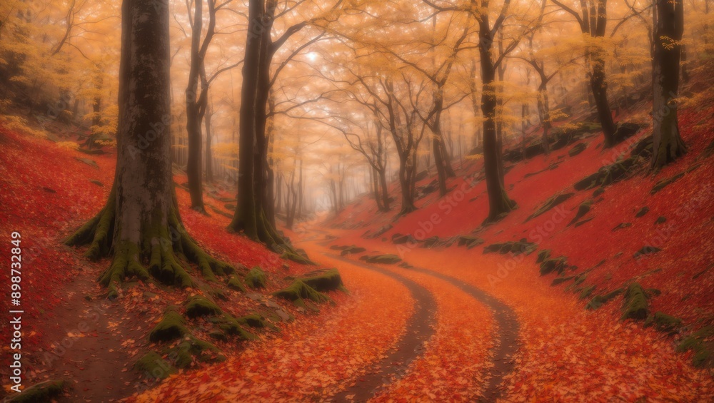 Fototapeta premium A Breathtaking Autumn Forest Path Covered in Vibrant Red and Orange Leaves, Winding Through Tall Trees with Mossy Roots
