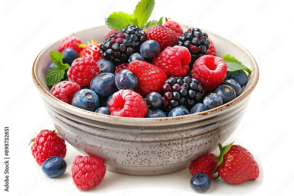 A bowl of vibrant mixed berries, isolated on white background A bowl of vibrant mixed berries, isolated on white background