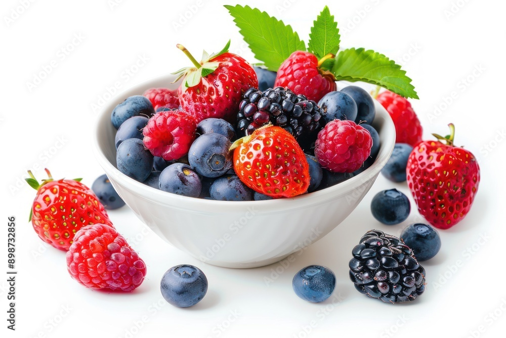 A bowl of vibrant mixed berries, isolated on white background A bowl of vibrant mixed berries, isolated on white background