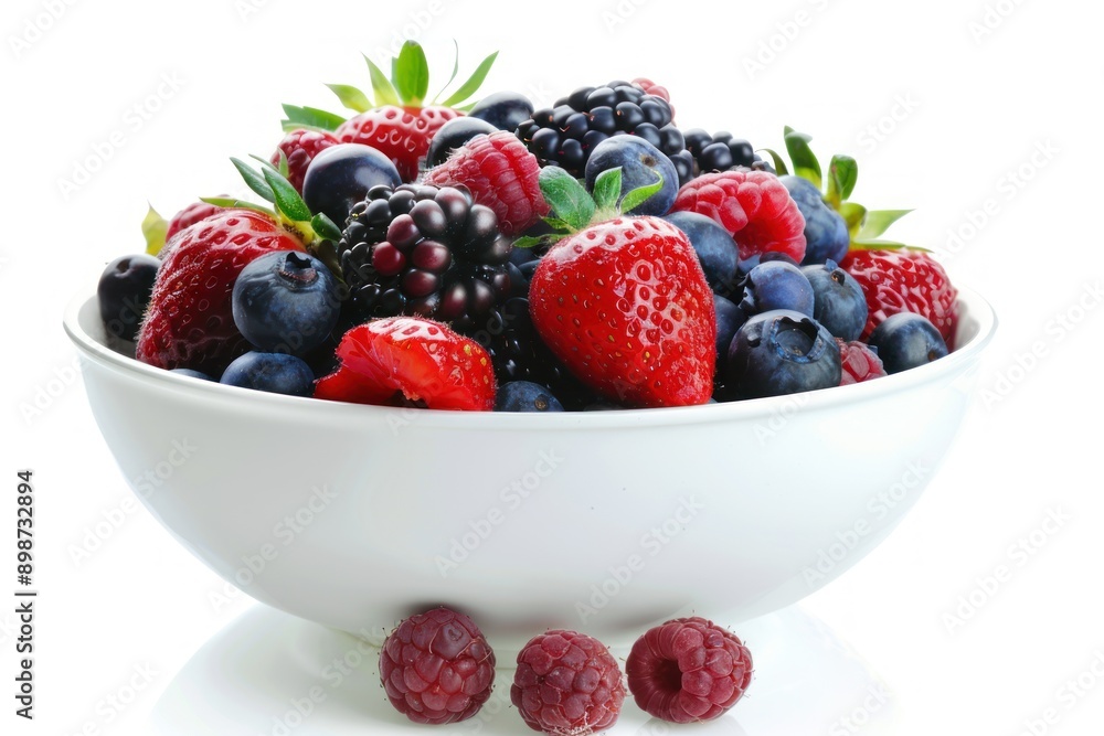 A bowl of vibrant mixed berries, isolated on white background A bowl of vibrant mixed berries, isolated on white background