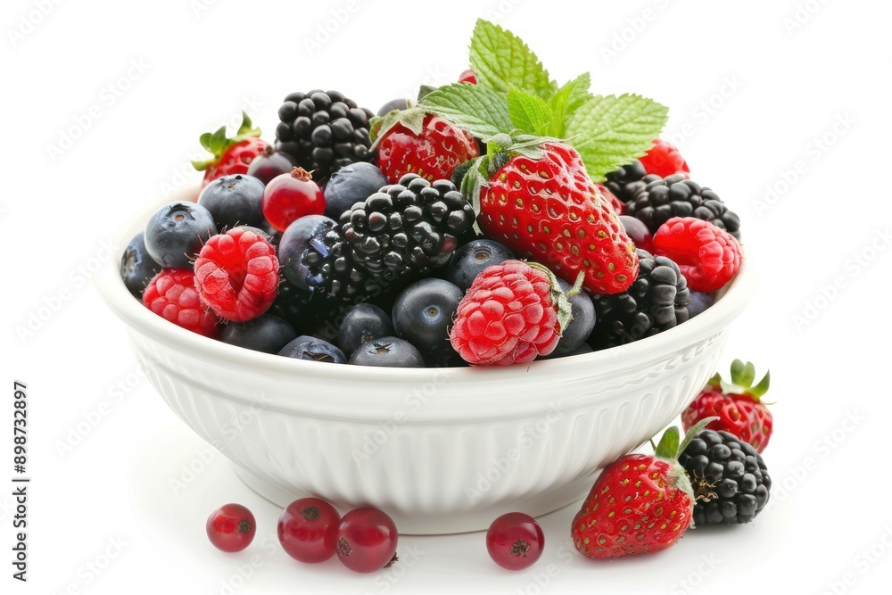 A bowl of vibrant mixed berries, isolated on white background A bowl of vibrant mixed berries, isolated on white background