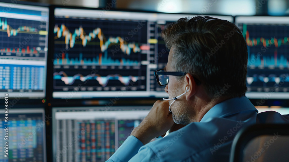 A close-up of a trader analyzing stock market data on multiple computer screens in a modern office setting A close-up of a trader analyzing stock market data on multiple computer screens in a modern office setting