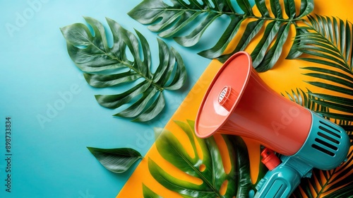 Tropical Vibes With Colorful Megaphone and Lush Leaves