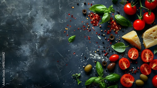 Pizza ingredients background, scattered toppings like tomatoes, olives, cheese, and basil leaves on a dark surface, fresh and colorful style photo