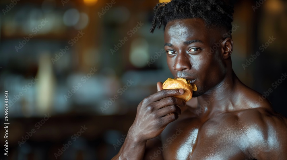 Muscular Man Eating a Burger, Suitable for Fitness and Lifestyle Content