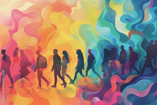 A vibrant illustration showing a group of people walking into a colorful, symbolizing imagination and creativity