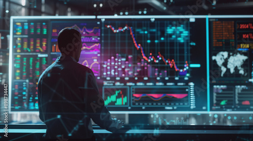 A realistic shot of a trader analyzing a stock trading chart on a large monitor, with colorful graphs and data points 