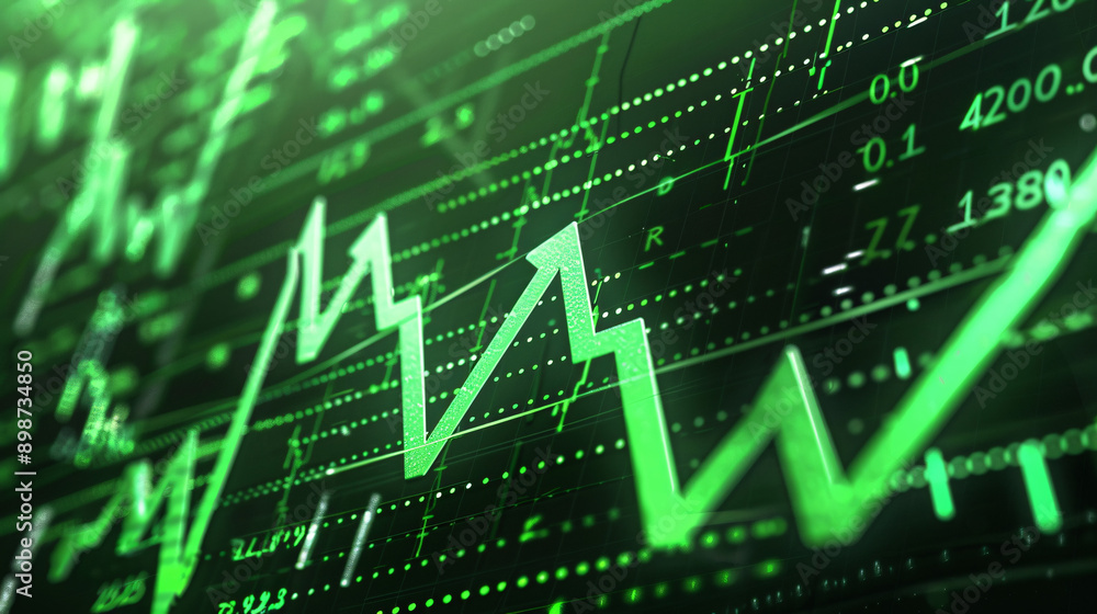 A realistic stock trading chart showing a sharp increase in price, with green candlesticks and upward-pointing arrows A realistic stock trading chart showing a sharp increase in price, with green candlesticks and upward-pointing arrows
