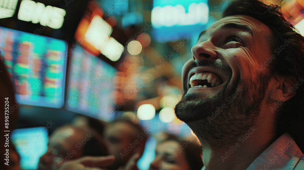 A realistic depiction of a trading market where people are smiling and rejoicing over an exceptional price surge, with data screens showing upward trends A realistic depiction of a trading market where people are smiling and rejoicing over an exceptional price surge, with data screens showing upward trends