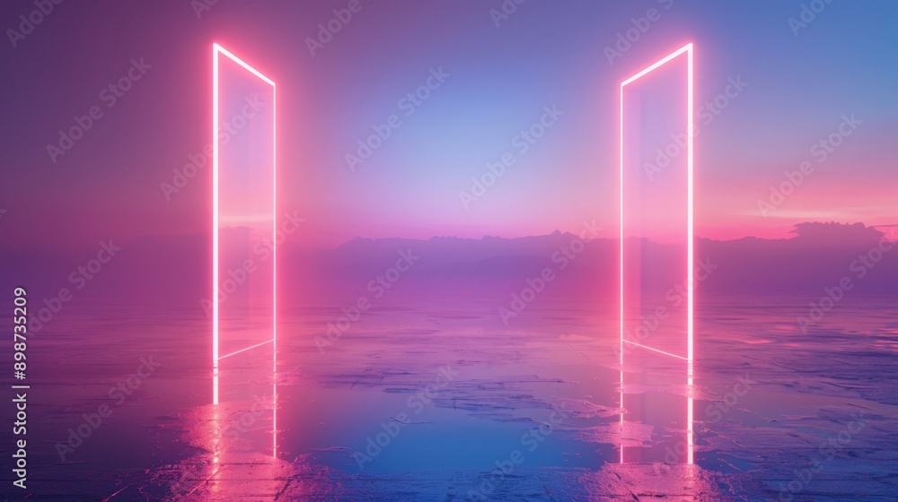 Neon frames illuminated on water surface at sunset with distant mountains Neon frames illuminated on water surface at sunset with distant mountains