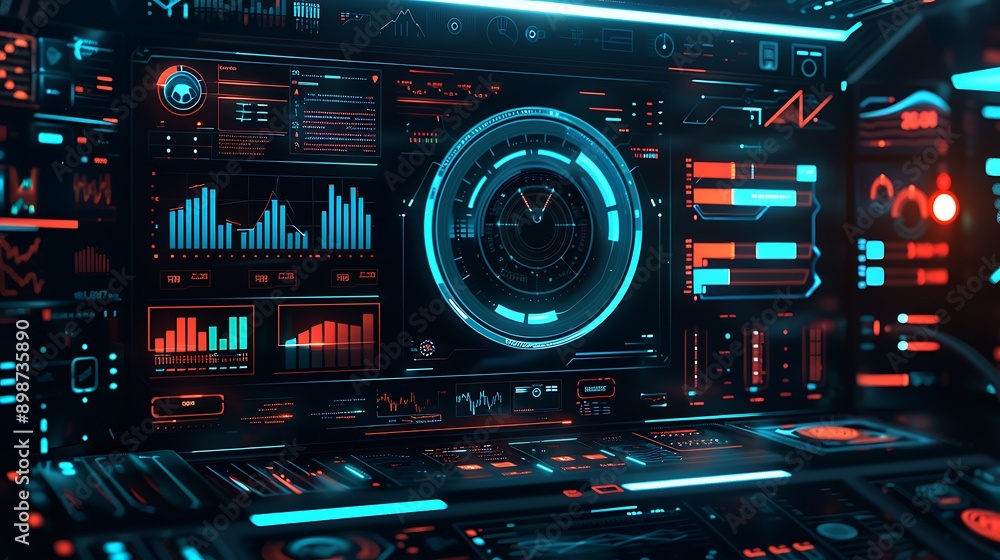 Obraz premium Futuristic user interface, holograms and data graphs, high-tech environment