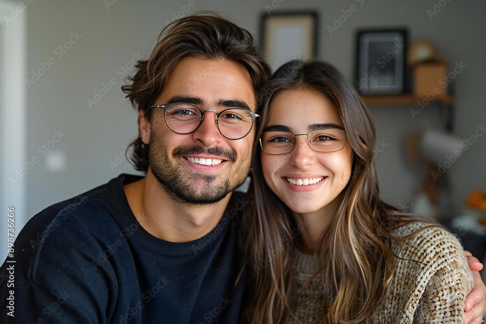 Beautiful young couple wearing stylish eyeglasses, smiling happily against a grey background. Beautiful young couple wearing stylish eyeglasses, smiling happily against a grey background.