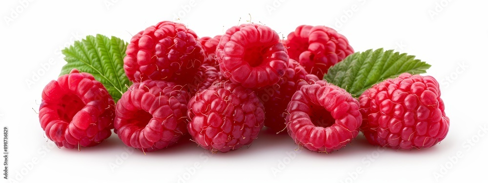 A collection of red raspberries with attached green leaves against a white backdrop, topped by an individual green leaf A collection of red raspberries with attached green leaves against a white backdrop, topped by an individual green leaf