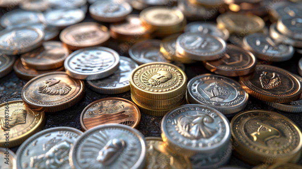 Multiple 3D-illustrated coins scattered across a smooth surface, with realistic lighting and detailed embossments on each coin Multiple 3D-illustrated coins scattered across a smooth surface, with realistic lighting and detailed embossments on each coin