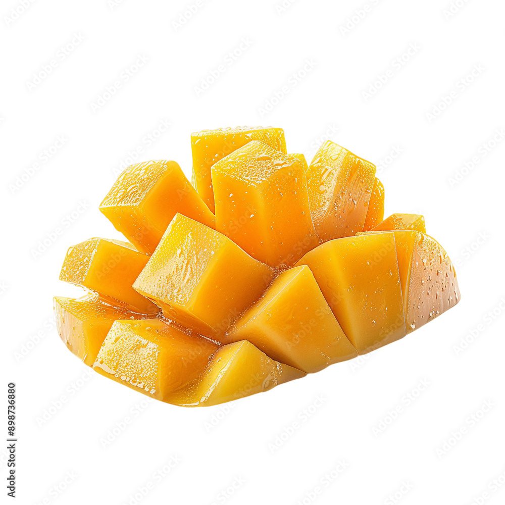 Closeup of juicy mango cubes isolated on black background. Closeup of juicy mango cubes isolated on black background.