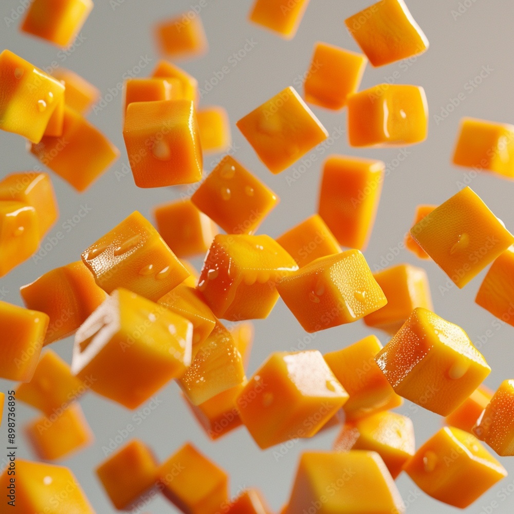 Cubes of Yellow Fruit in Mid-Air. Cubes of Yellow Fruit in Mid-Air.