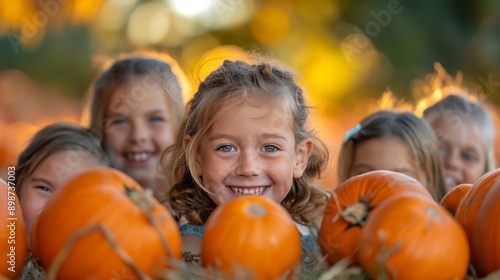 A group of happy children playing in a pumpkin patch during autumn, surrounded by pumpkins