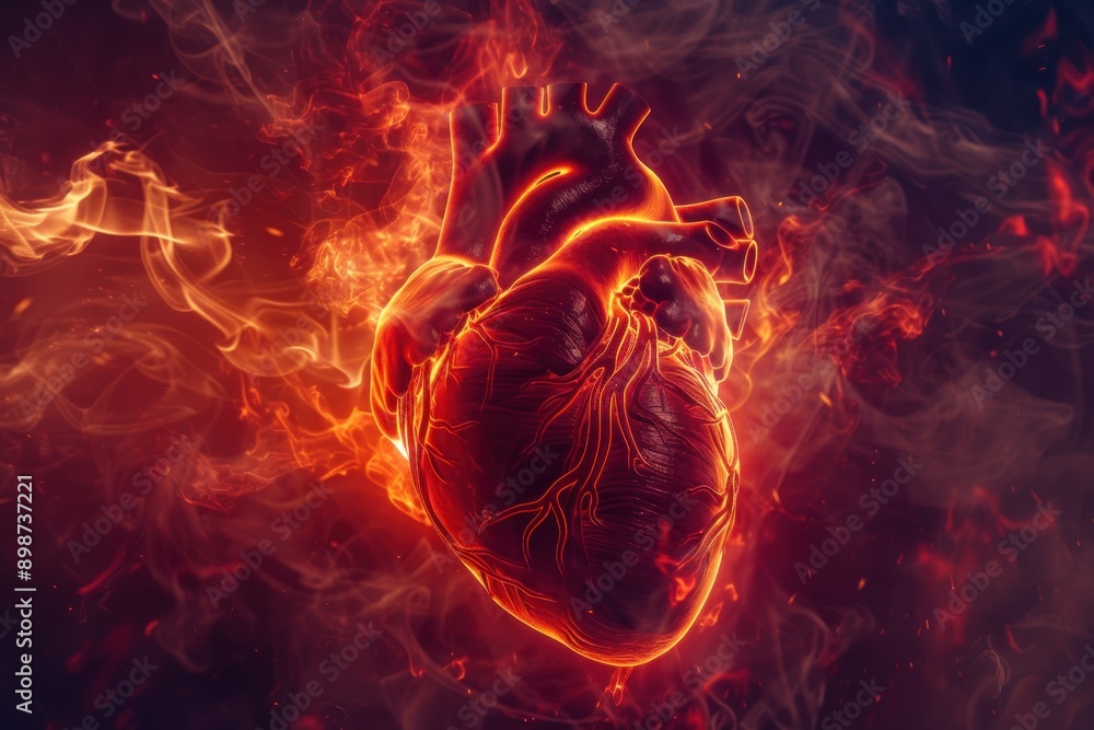 Anatomical heart glowing in vibrant red, surrounded by swirling smoke, detailed medical illustration Anatomical heart glowing in vibrant red, surrounded by swirling smoke, detailed medical illustration