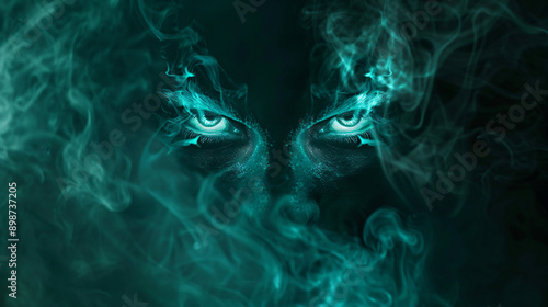 Enigmatic figure enveloped in cyan mist, with piercing glowing eyes photo