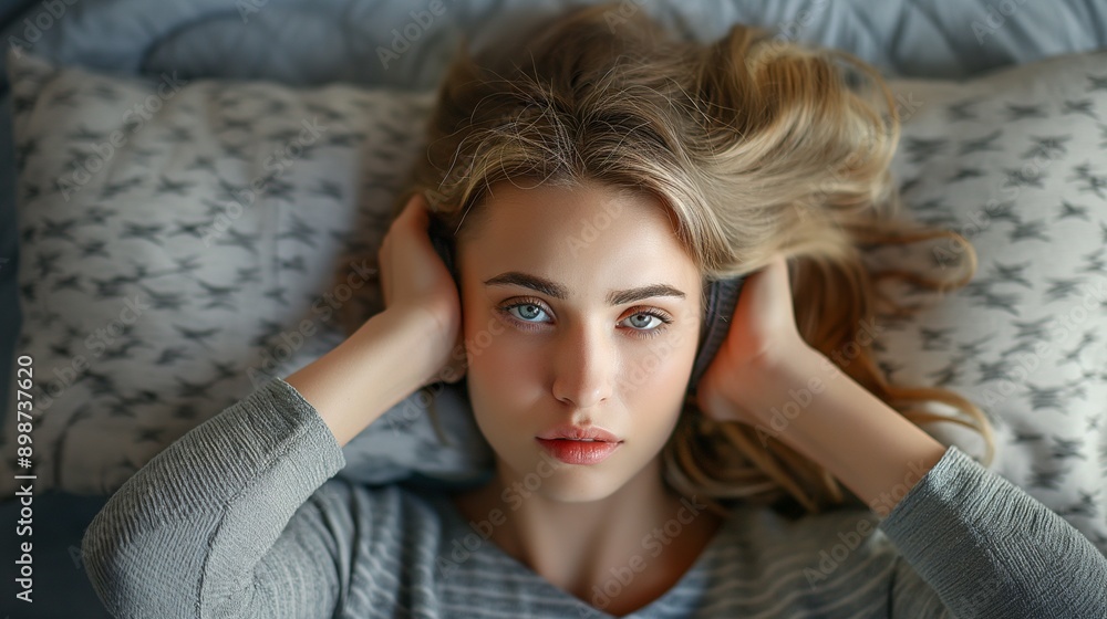 Fototapeta premium a woman in bed on a pillow suffers and cannot sleep, covers her ears with a pillow