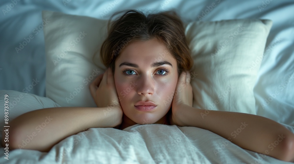 a woman in bed on a pillow suffers and cannot sleep, covers her ears with a pillow