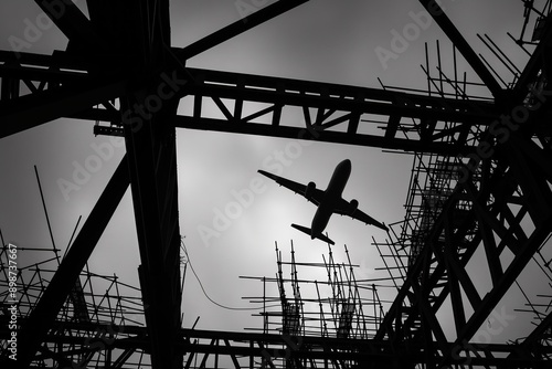 silhouette of a jet airplane passing over a structure  photo