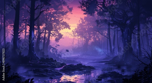 Silhouetted Trees Against a Purple and Pink Sunset in a Forest