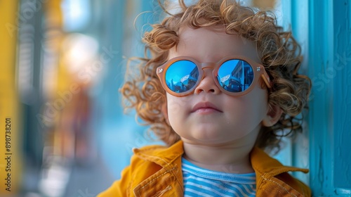 Little Boy With Curly Hair Wearing Sunglasses