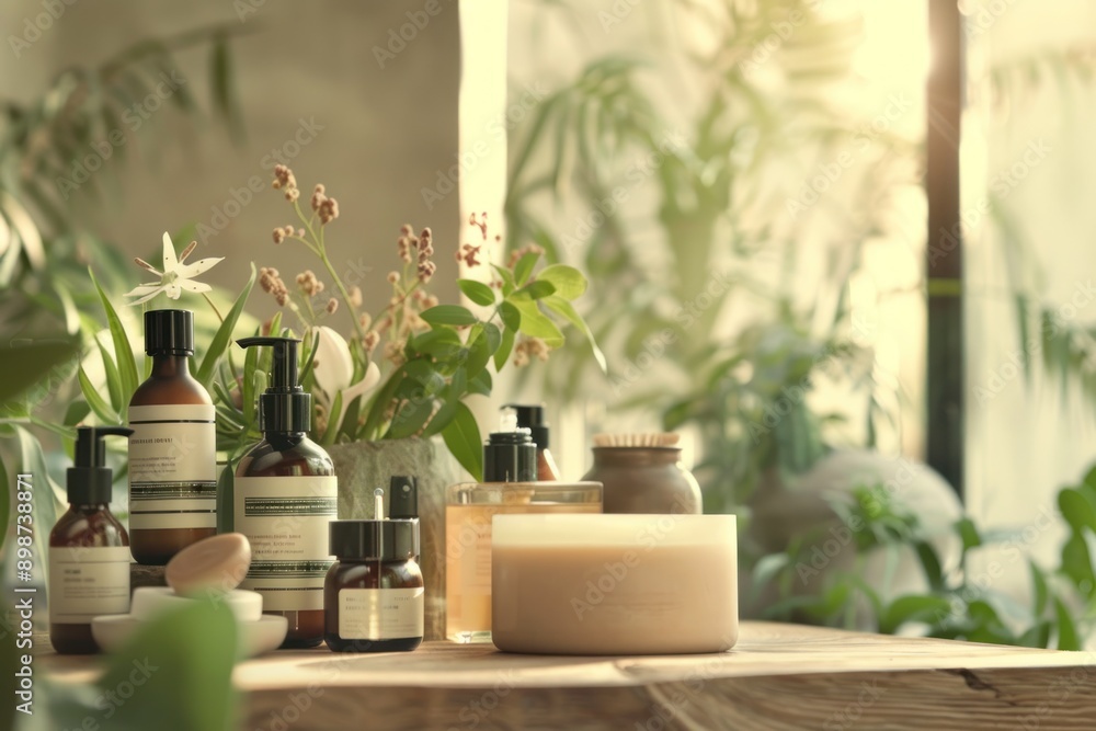 Beauty and spa products arranged elegantly, conveying the promotion of natural beauty in a luxurious setting Beauty and spa products arranged elegantly, conveying the promotion of natural beauty in a luxurious setting