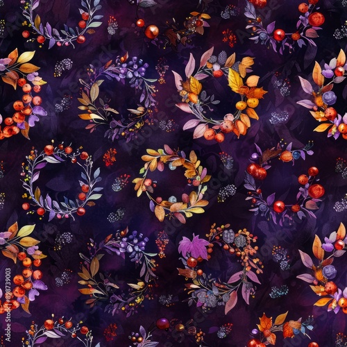 Halloween wreaths with leaves and berries in a watercolor seamless pattern, featuring festive and vibrant designs with intricate details, creating a cheerful and spooky Halloween atmosphere, 1:1, © Janejira