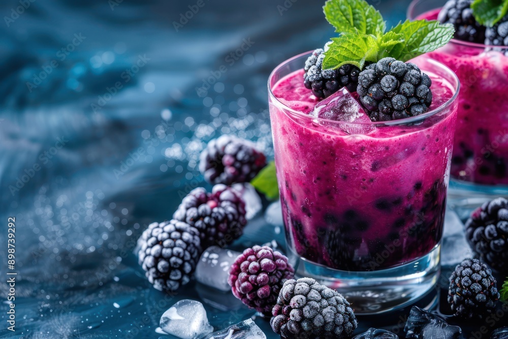 Blackberries and ice cubes in a glass of blackberry smoothie, Dark blue gradient background, High detail Blackberries and ice cubes in a glass of blackberry smoothie, Dark blue gradient background, High detail