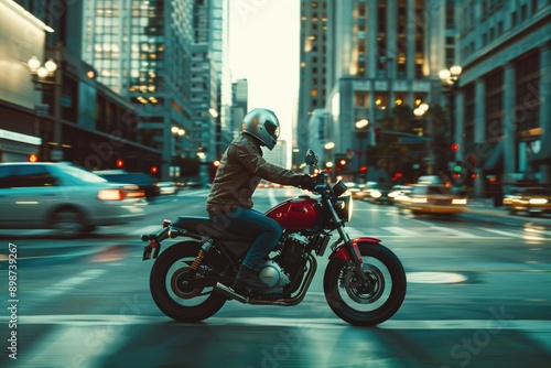 Fototapeta Naklejka Na Ścianę i Meble -  A person rides a motorcycle on a busy city street, with traffic and buildings in the background