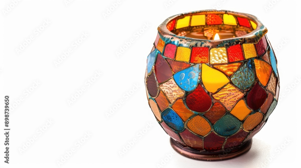 Antique stained glass with copy space on white background Colorful candle holder isolated Antique stained glass with copy space on white background Colorful candle holder isolated