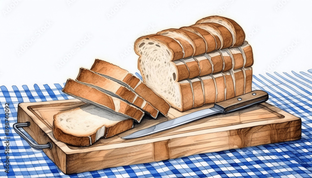 Obraz premium A delightful watercolor-style depiction of sliced bread on a cutting board