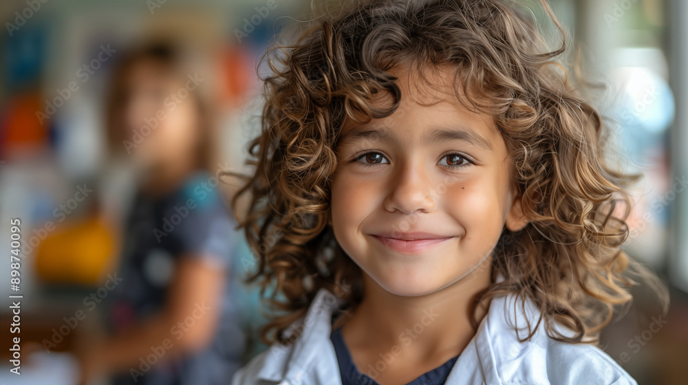 Smiling curly-haired child with bright eyes in indoor setting. Concept of childhood joy and innocence. Smiling curly-haired child with bright eyes in indoor setting. Concept of childhood joy and innocence.