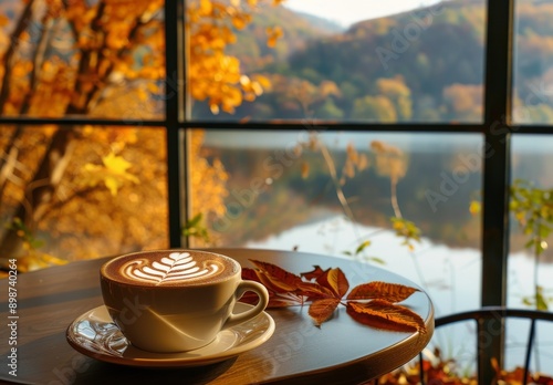 A Cup Of Coffee With Autumn Foliage And A Small Pumpkin