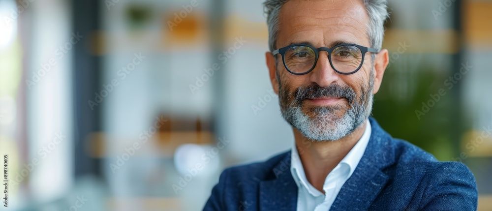 A tight shot of an individual in a blue jacket and white shirt, donning glasses, with a plant as the backdrop A tight shot of an individual in a blue jacket and white shirt, donning glasses, with a plant as the backdrop