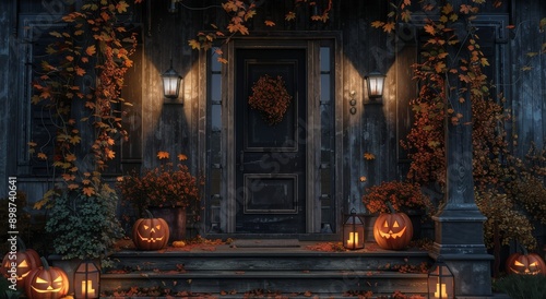 Wallpaper Mural A Welcoming Autumn Porch With Jack-o-Lanterns and Lanterns at Dusk Torontodigital.ca